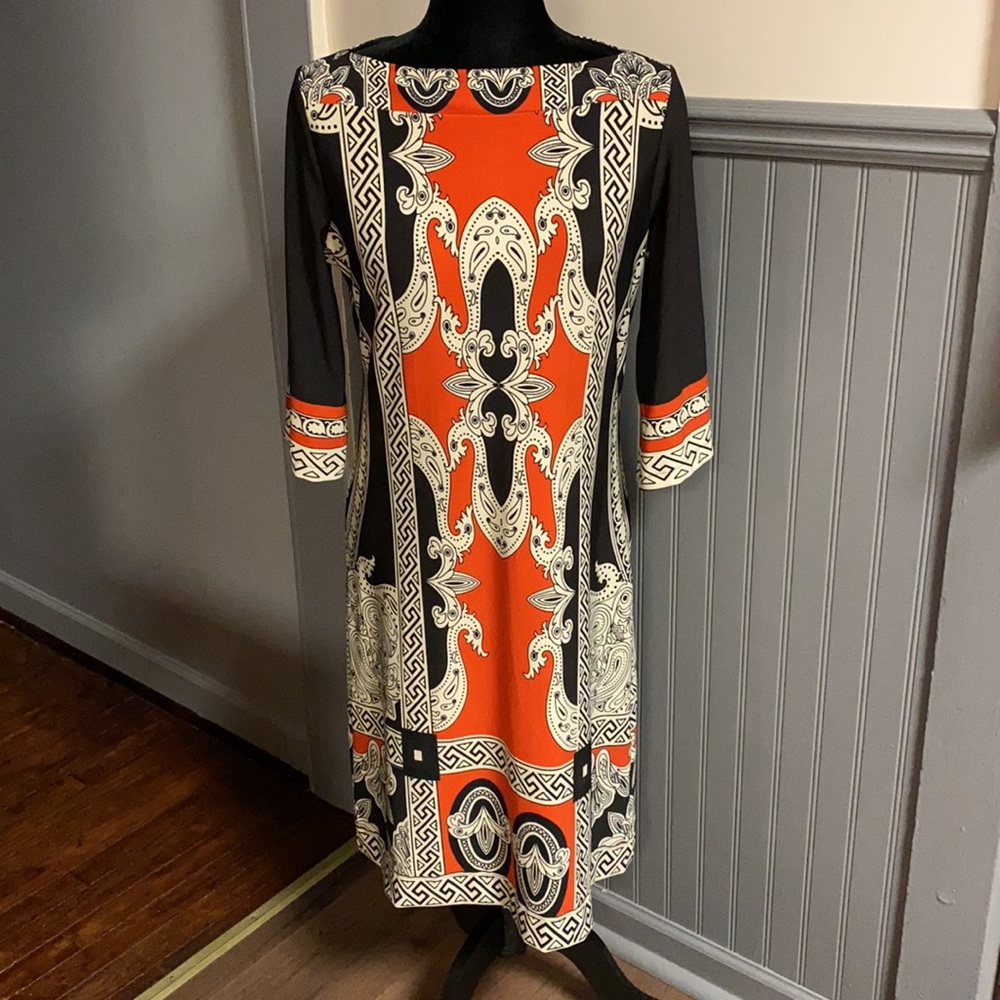 Forever Black & Orange Printed Boatneck Midi Dress